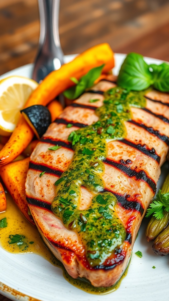 Grilled tuna steak topped with chimichurri sauce, served with roasted vegetables on a rustic wooden table.